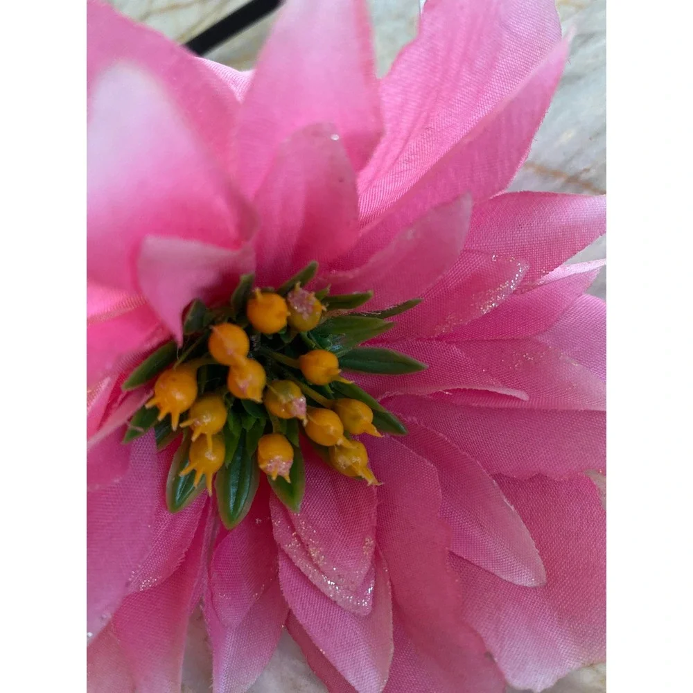 Pink Floral Headband Large Fabric Flower Glitter Accents Tropical Style Black